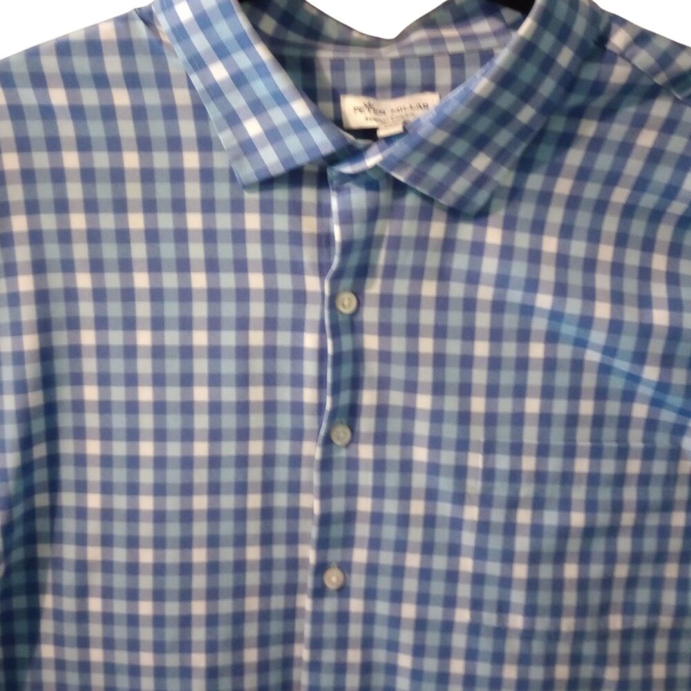 Peter Millar Summer Comfort Long Sleeve Blue White Check Button-Up Shirt XXL